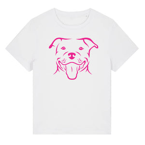 Magenta outline illustration of the head of a Staffordshire Bull Terrier on the front of a white ladies t-shirt