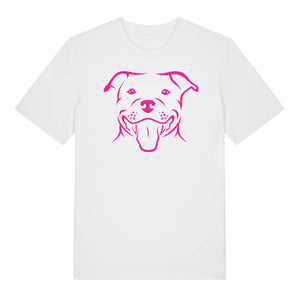 Magenta outline illustration of the head of a Staffordshire Bull Terrier on the front of a white unisex t-shirt