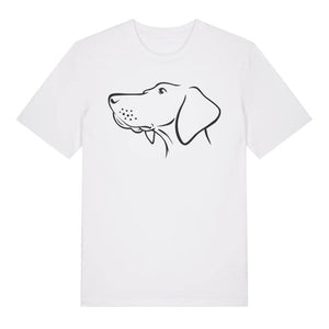 Black outline illustration of the head of a Hungarian Vizsla on the front of a white unisex t-shirt