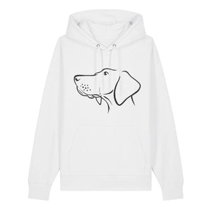 Black outline illustration of the head of a Hungarian Vizsla on the front of a white unisex Hoodie