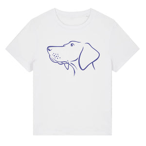 Blue outline illustration of the head of a Hungarian Vizsla on the front of a white ladies t-shirt