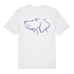 Blue outline illustration of the head of a Hungarian Vizsla on the front of a white unisex t-shirt