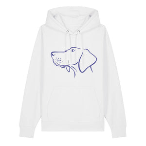 Blue outline illustration of the head of a Hungarian Vizsla on the front of a white unisex Hoodie