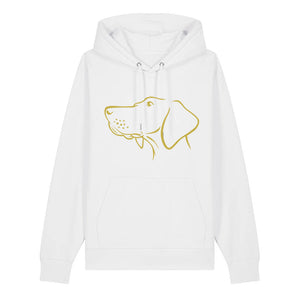 Gold outline illustration of the head of a Hungarian Vizsla on the front of a white unisex Hoodie