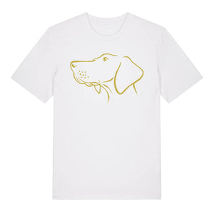 Gold outline illustration of the head of a Hungarian Vizsla on the front of a white unisex t-shirt