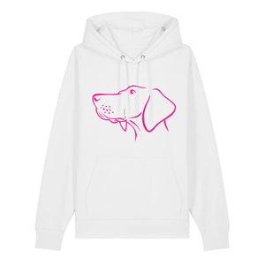 Magenta outline illustration of the head of a Hungarian Vizsla on the front of a white unisex Hoodie
