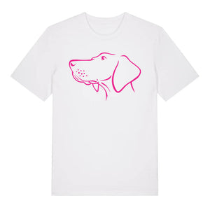 Magenta outline illustration of the head of a Hungarian Vizsla on the front of a white unisex t-shirt