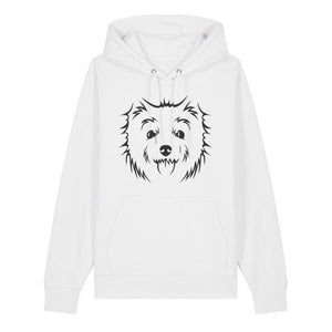 Black outline illustration of the head of a West Highland Terrier on the front of a white unisex Hoodie