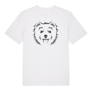 Black outline illustration of the head of a West Highland Terrier on the front of a white unisex t-shirt