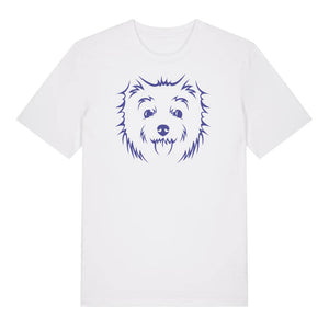 Blue outline illustration of the head of a West Highland Terrier on the front of a white unisex t-shirt
