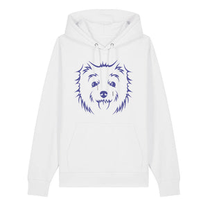 Blue outline illustration of the head of a West Highland Terrier on the front of a white unisex Hoodie