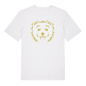 Gold outline illustration of the head of a West Highland Terrier on the front of a white unisex t-shirt