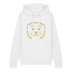 Gold outline illustration of the head of a West Highland Terrier on the front of a white unisex Hoodie