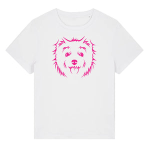 Magenta outline illustration of the head of a West Highland Terrier on the front of a white ladies t-shirt