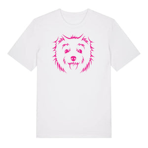 Magenta outline illustration of the head of a West Highland Terrier on the front of a white unisex t-shirt
