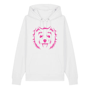 Magenta outline illustration of the head of a West Highland Terrier on the front of a white unisex Hoodie