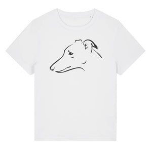 Black outline illustration of the head of a Whippet on the front of a white ladies t-shirt