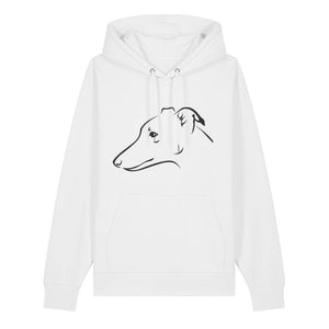 Black outline illustration of the head of a Whippet on the front of a white unisex Hoodie