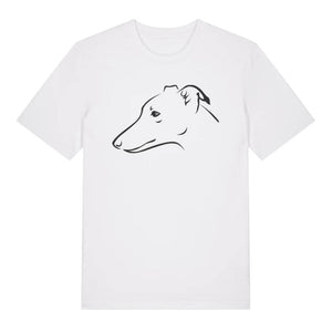 Black outline illustration of the head of a whippet on the front of a white unisex t-shirt