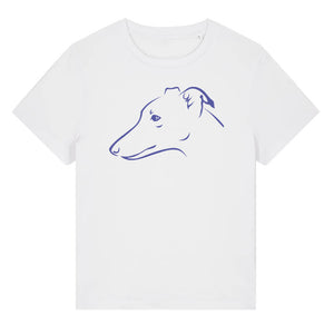 Blue outline illustration of the head of a Whippet on the front of a white ladies t-shirt