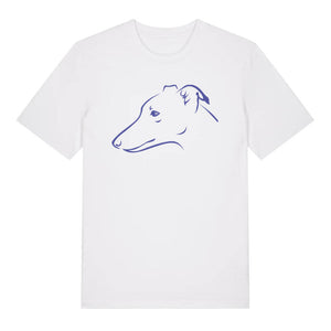 Blue outline illustration of the head of a whippet on the front of a white unisex t-shirt