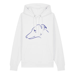 Blue outline illustration of the head of a Whippet on the front of a white unisex Hoodie
