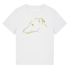 Gold outline illustration of the head of a Whippet on the front of a white ladies t-shirt