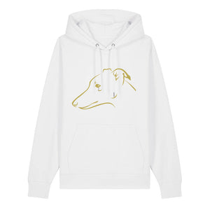 Gold outline illustration of the head of a Whippet on the front of a white unisex Hoodie