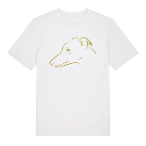 Gold outline illustration of the head of a whippet on the front of a white unisex t-shirt