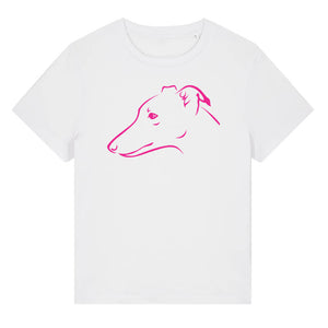 Magenta outline illustration of the head of a Whippet on the front of a white ladies t-shirt