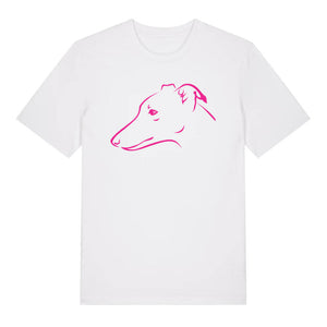 Magenta outline illustration of the head of a whippet on the front of a white unisex t-shirt
