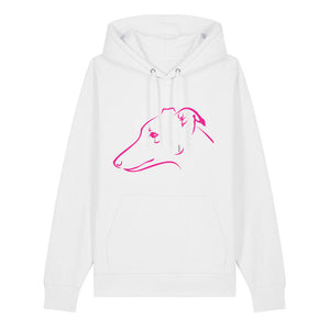 Magenta outline illustration of the head of a Whippet on the front of a white unisex Hoodie