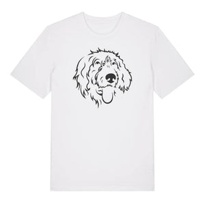 Black outline illustration of the head of a Wirehaired Pointer on the front of a white unisex t-shirt