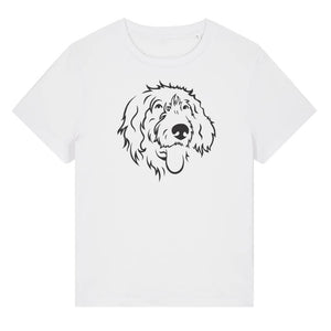 Black outline illustration of the head of a Wirehaired Pointer on the front of a white ladies t-shirt