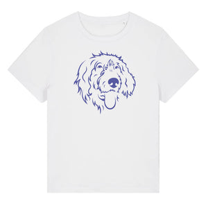 Blue outline illustration of the head of a Wirehaired Pointer on the front of a white ladies t-shirt
