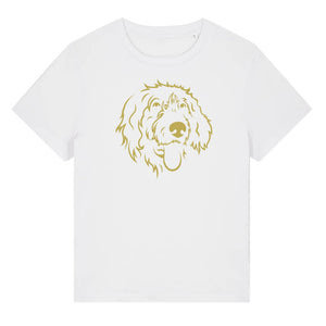 Gold outline illustration of the head of a Wirehaired Pointer on the front of a white ladies t-shirt