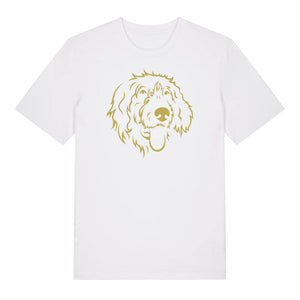 Gold outline illustration of the head of a Wirehaired Pointer on the front of a white unisex t-shirt