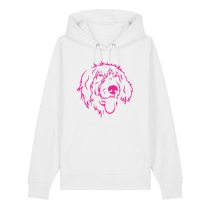 Magenta outline illustration of the head of a Wirehaired Pointer on the front of a white unisex Hoodie