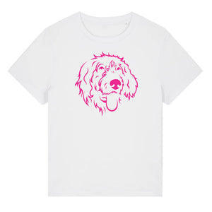Magenta outline illustration of the head of a Wirehaired Pointer on the front of a white ladies t-shirt