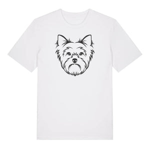 Black outline illustration of the head of a Yorkshire Terrier on the front of a white unisex t-shirt