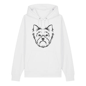 Black outline illustration of the head of a Yorkshire Terrier on the front of a white unisex Hoodie