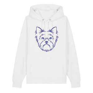 Blue outline illustration of the head of a Yorkshire Terrier on the front of a white unisex Hoodie
