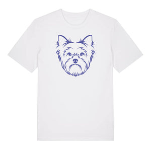 Blue outline illustration of the head of a Yorkshire Terrier on the front of a white unisex t-shirt