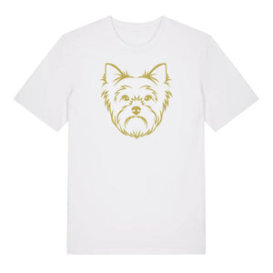 Gold outline illustration of the head of a Yorkshire Terrier on the front of a white unisex t-shirt