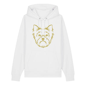 Gold outline illustration of the head of a Yorkshire Terrier on the front of a white unisex Hoodie
