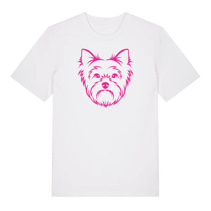 Magenta outline illustration of the head of a Yorkshire Terrier on the front of a white unisex t-shirt