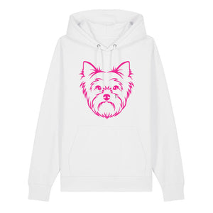 Magenta outline illustration of the head of a Yorkshire Terrier on the front of a white unisex Hoodie