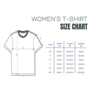 Size chart of the ladies t-shirts from X-Small to XX-Large